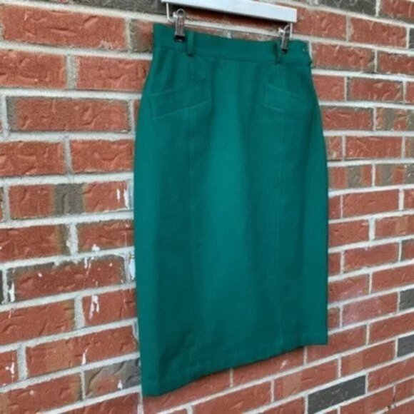PURE Wool 50's Teal Green High waisted Midi Pin-up Pencil Skirt w Pockets Size 4 - Picture 12 of 13